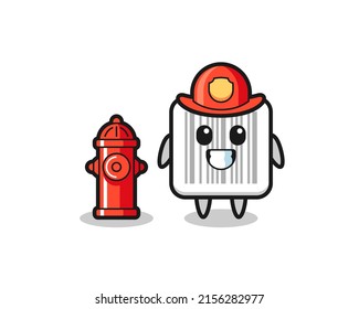 Mascot character of barcode as a firefighter , cute design