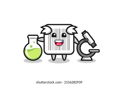 Carácter mascota del código de barras como científico, diseño lindo