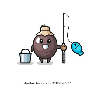 Mascot character of black olive as a fisherman , cute style design for t shirt, sticker, logo element
