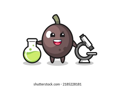 Mascot character of black olive as a scientist , cute style design for t shirt, sticker, logo element