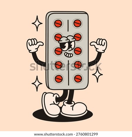 Mascot character blister pack of pills in groovy style.