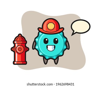 Mascot character of bottle cap as a firefighter, cute style design for t shirt, sticker, logo element