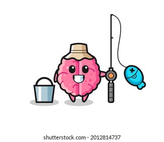 Mascot character of brain as a fisherman , cute style design for t shirt, sticker, logo element