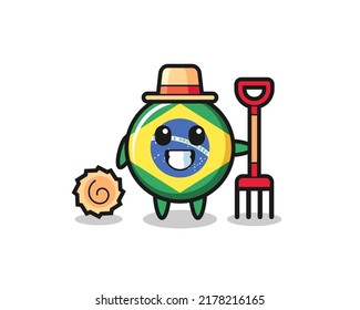 Mascot character of brazil flag badge as a farmer , cute style design for t shirt, sticker, logo element