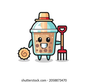 Mascot character of bubble tea as a farmer , cute style design for t shirt, sticker, logo element