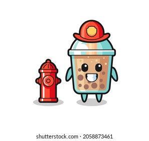 Mascot character of bubble tea as a firefighter , cute style design for t shirt, sticker, logo element