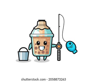Mascot character of bubble tea as a fisherman , cute style design for t shirt, sticker, logo element