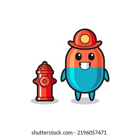 Mascot character of capsule as a firefighter , cute style design for t shirt, sticker, logo element