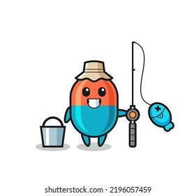 Mascot character of capsule as a fisherman , cute style design for t shirt, sticker, logo element