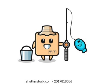 Mascot character of cardboard box as a fisherman , cute style design for t shirt, sticker, logo element