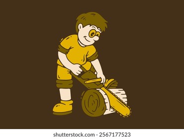 The mascot character of a carpenter is sawing wood with a chainsaw. Flat art retro illustration