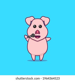 mascot character cartoon cute pig singing vector illustration