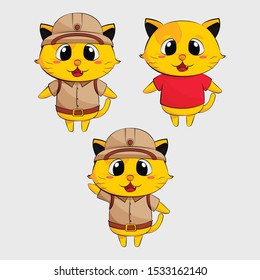 mascot character cat orange with costume adventure zoo Explorer safari outfits and t-shirt red cartoon illustration isolated background
