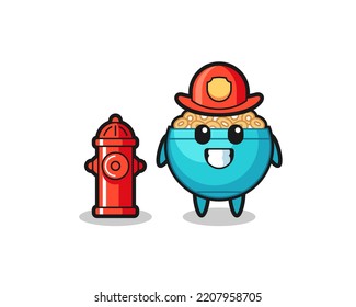 Mascot character of cereal bowl as a firefighter , cute design