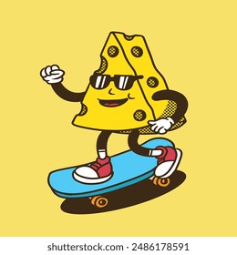 mascot character cheese with skateboard good for food branding, cafe, restaurant, and company, groovy character, retro style, mascot vintage