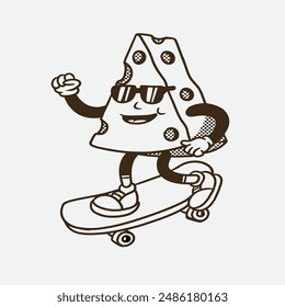 mascot character cheese with skateboard good for food branding, cafe, restaurant, and company, groovy character, retro style, mascot vintage, doodle mascot