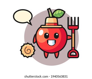 Mascot character of cherry as a farmer