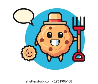 Mascot character of chocolate chip cookie as a farmer, cute style design for t shirt, sticker, logo element