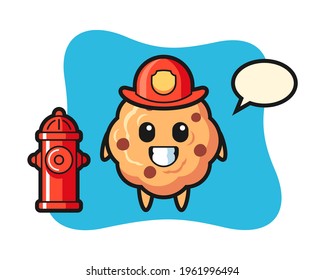 Mascot character of chocolate chip cookie as a firefighter, cute style design for t shirt, sticker, logo element
