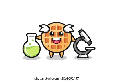 Mascot character of circle waffle as a scientist , cute design
