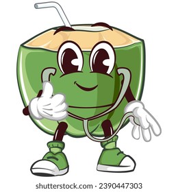 mascot character of coconut drink with a straw with a funny face being a medic using a statoscope, isolated cartoon vector illustration. emoticon, cute coconut mascot