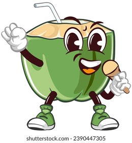 mascot character of coconut drink with straw with funny face talking using mic, isolated cartoon vector illustration. emoticon, cute coconut mascot
