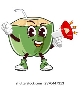 mascot character of coconut drink with straw with funny face talking loudly with loudspeaker, isolated cartoon vector illustration. emoticon, cute coconut mascot