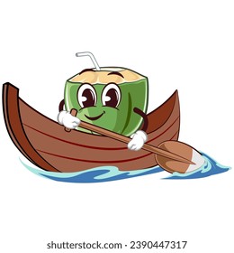 mascot character coconut drink with straw with funny face rowing boat, isolated cartoon vector illustration. emoticon, cute coconut mascot