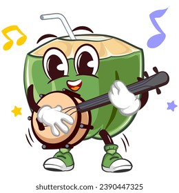 mascot character coconut drink with straw with funny face playing banjo guitar, isolated cartoon vector illustration. emoticon, cute coconut mascot