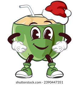 mascot character coconut drink with straw with funny face wearing santa claus hat, isolated cartoon vector illustration. emoticon, cute coconut mascot