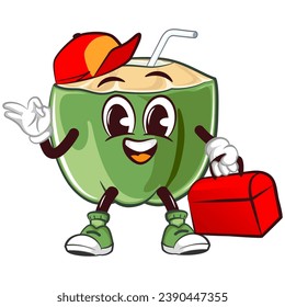 mascot character coconut drink with straw with funny face in hat carrying his toolbox handyman, isolated cartoon vector illustration. emoticon, cute coconut mascot