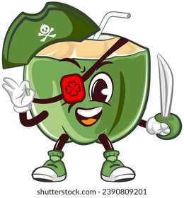 mascot character of coconut drink with a straw with a cute one-eyed face, wearing a pirate hat and carrying a machete, isolated cartoon vector illustration. emoticon, cute coconut mascot