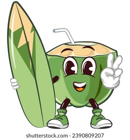 personaje mascota de la bebida de coco con paja con cara graciosa llevando tabla de surf mientras da señal de paz, ilustración aislada del vector de dibujos animados. emoticono, linda mascota de coco