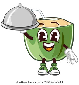 mascot character coconut drink with straw with cute face waiter serving dish in lit, isolated cartoon vector illustration. emoticon, cute coconut mascot