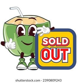 mascot character of coconut drink with straw with funny face giving thumbs up next to board saying sold out, isolated cartoon vector illustration. emoticon, cute coconut mascot