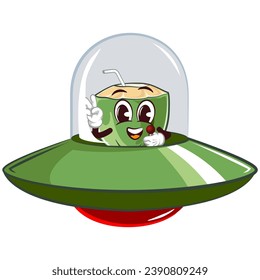 mascot character coconut drink with straw with funny face riding ufo spaceship, isolated cartoon vector illustration. emoticon, cute coconut mascot