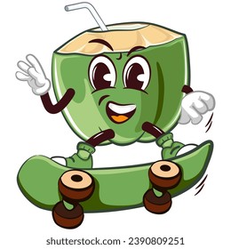 mascot character of coconut drink with straw with funny face sliding with skateboard, isolated cartoon vector illustration. emoticon, cute coconut mascot