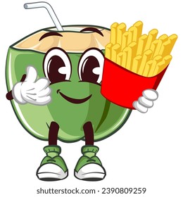 mascot character of coconut drink with straw with funny face carrying french fries while giving thumbs up, isolated cartoon vector illustration. emoticon, cute coconut mascot