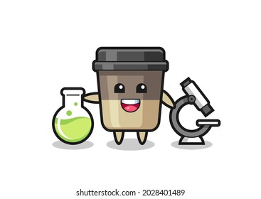 Mascot character of coffee cup as a scientist , cute style design for t shirt, sticker, logo element