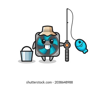 Mascot character of computer fan as a fisherman , cute style design for t shirt, sticker, logo element