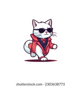 A mascot character of a cool cat walking on red carpet for a trendy fashion brand. 