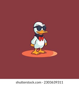 A mascot character of a cool duck walking on red carpet for a trendy fashion brand.