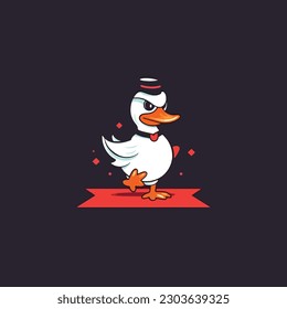 A mascot character of a cool duck walking on red carpet for a trendy fashion brand.