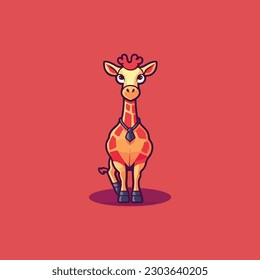 Un personaje mascota de una jirafa fresca caminando sobre una alfombra roja para una marca de moda de moda.