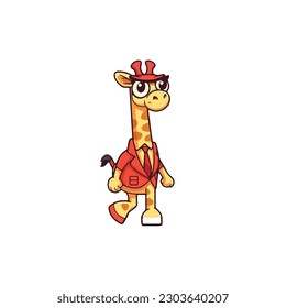 Un personaje mascota de una jirafa fresca caminando sobre una alfombra roja para una marca de moda de moda.