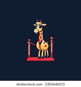 A mascot character of a cool giraffe walking on red carpet for a trendy fashion brand.