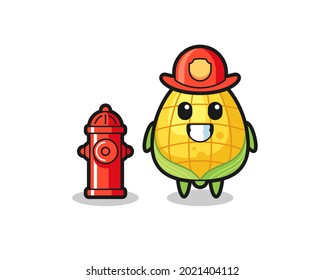 Mascot character of corn as a firefighter , cute style design for t shirt, sticker, logo element