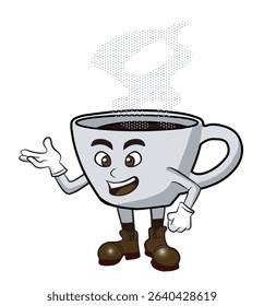 Mascot character of a cup of hot coffee with nice steam. Isolated on white background.