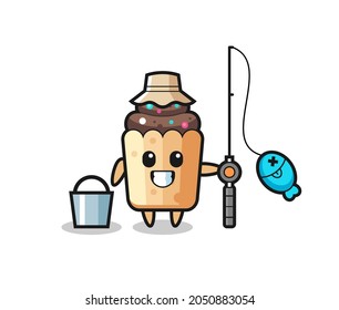 Mascot character of cupcake as a fisherman , cute design