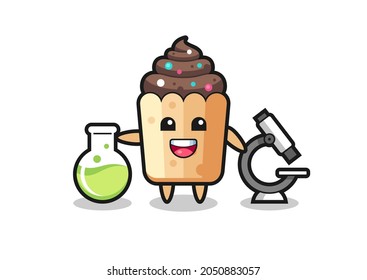 Mascot character of cupcake as a scientist , cute design
